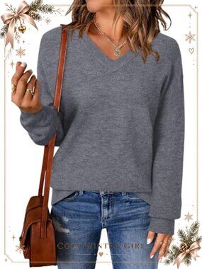 Wool Blend V Neck Long Sleeve Pullover Sweater Business Casual Winter Top